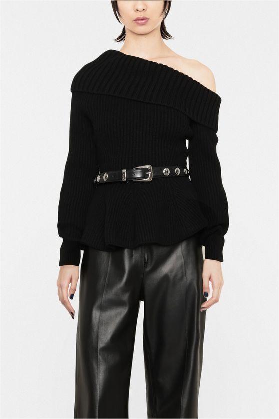 Nero Knit Manica lunga Maglione con colletto diagonale
