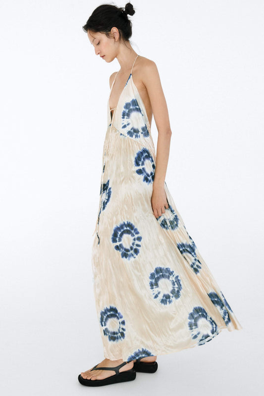 Stampa Pleated V-Neck Halterneck Cami Maxi Dress