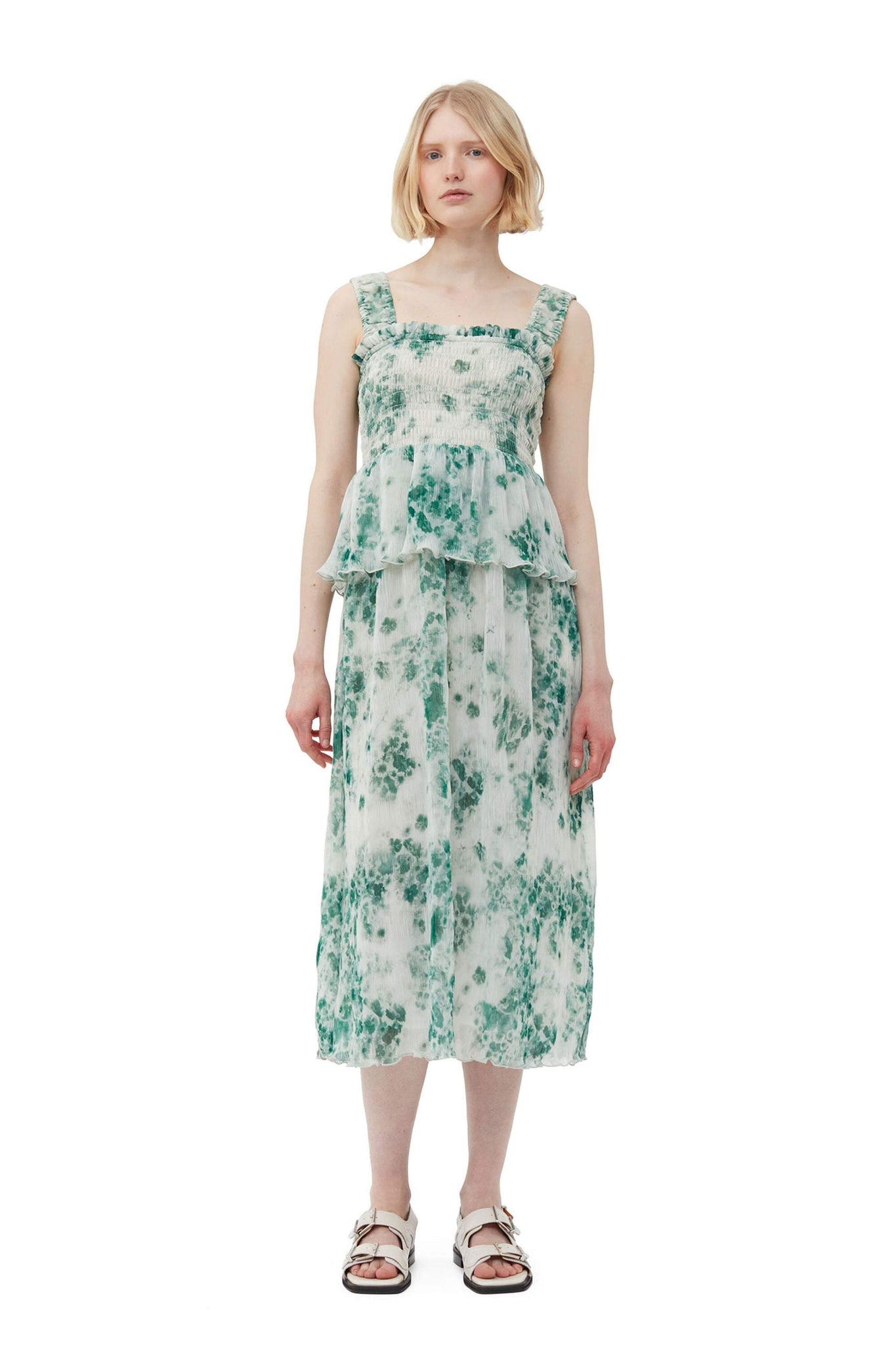 Stampa Cami Colletto quadrato Orlo a volant Elastico smocked Midi Abito
