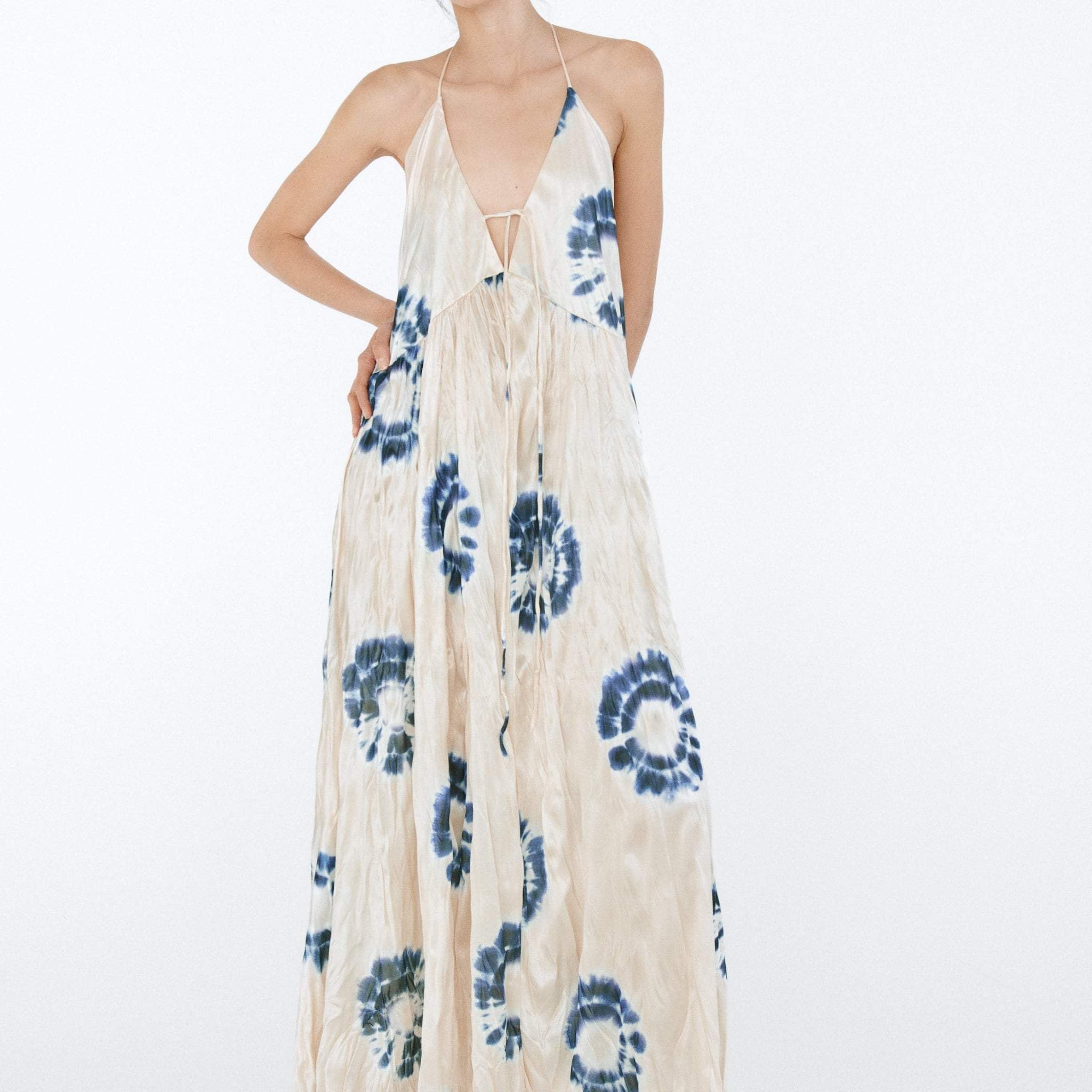 Stampa Pleated V-Neck Halterneck Cami Maxi Dress