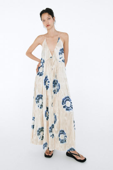 Stampa Pleated V-Neck Halterneck Cami Maxi Dress