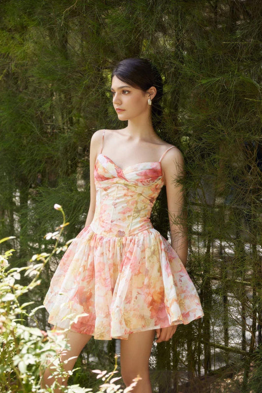 Floreale Corsetto plissettato Orlo grande Cami Mini Abito
