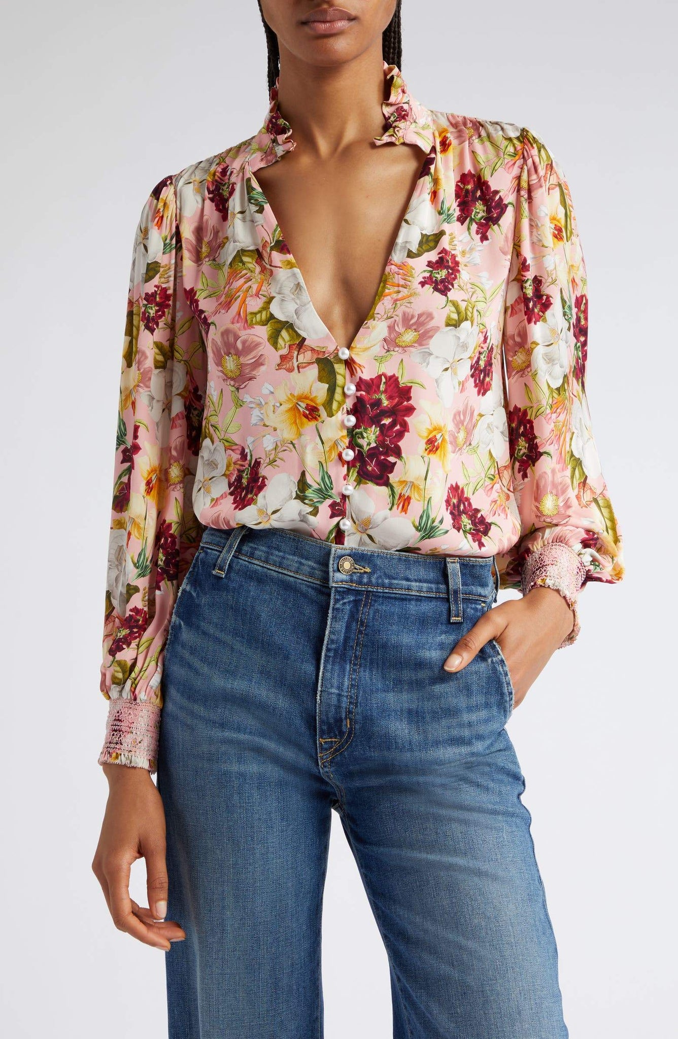 Floreale Manica lunga Scollo a V Top