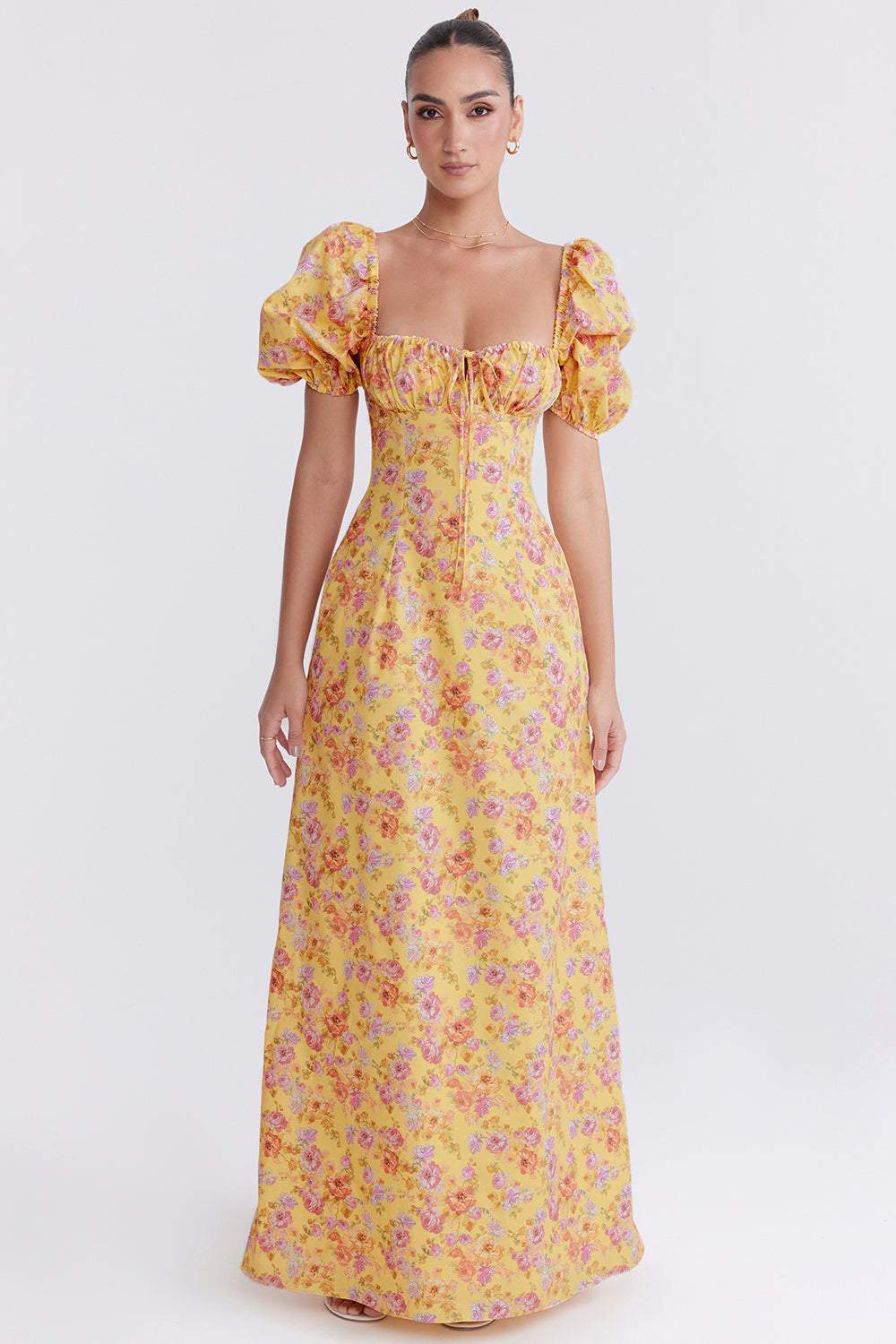 Printed Square Collar Puff Sleeves Laced Chest Trim Tapered Waist Midi Dress
