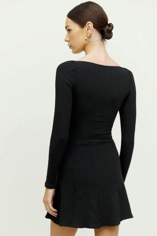 Knit Manica lunga Scollo a U Mini Abito Nero