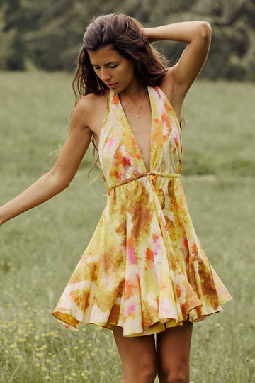 Floreale Cami Vita affusolata Scollo a V Collo alterino Mini Abito