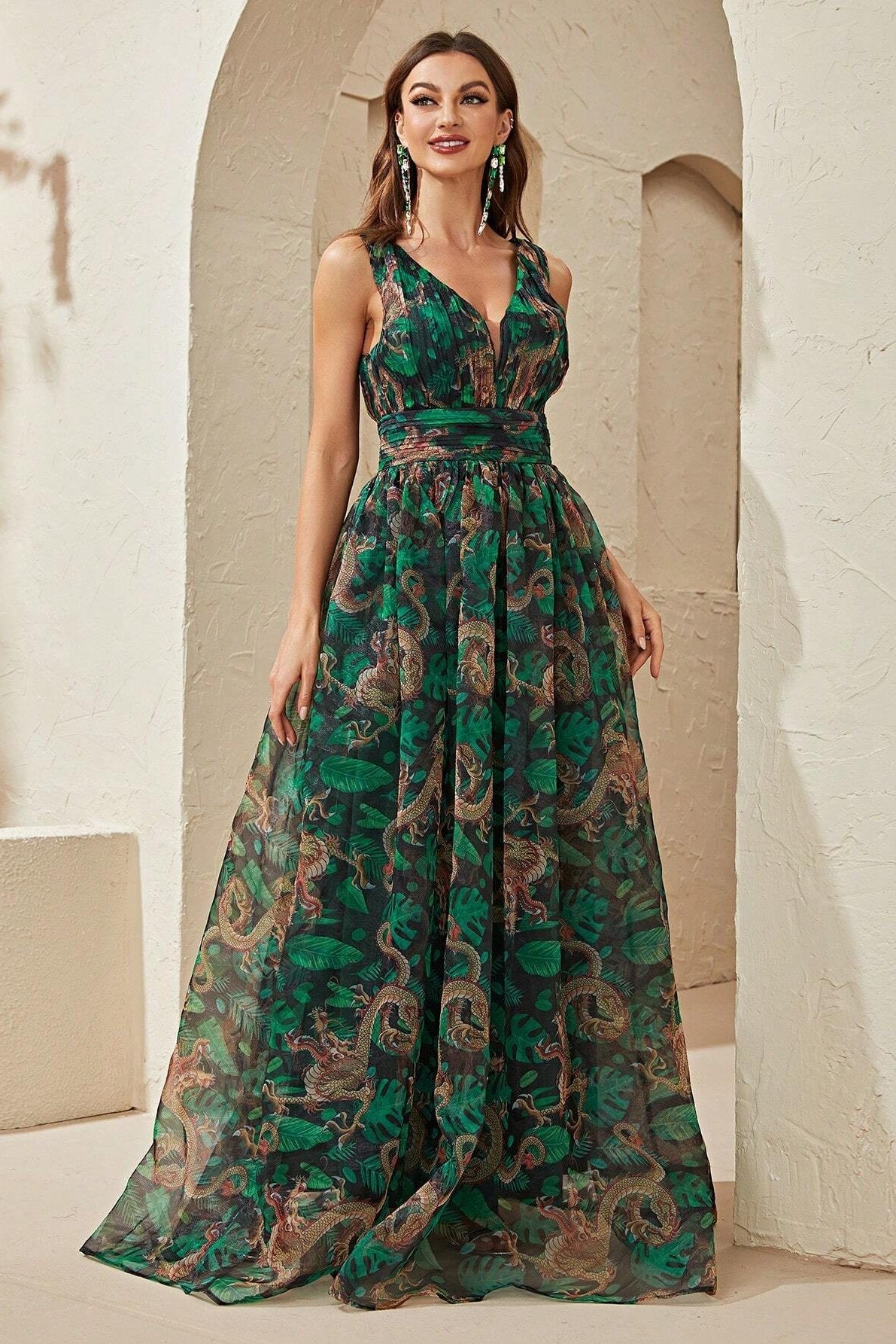Floreale Cami Scollo a V Plissettato Maxi Abito